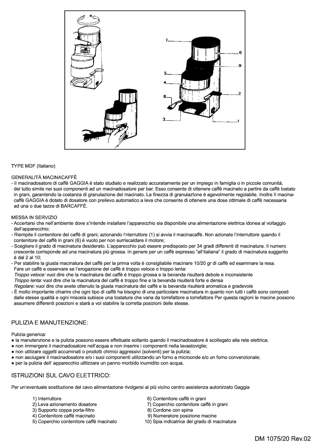 Gaggia MYUSA013, 8002 manual Pulizia E Manutenzione, Istruzioni Sul Cavo Elettrico, DM 1075/20 Rev.02 