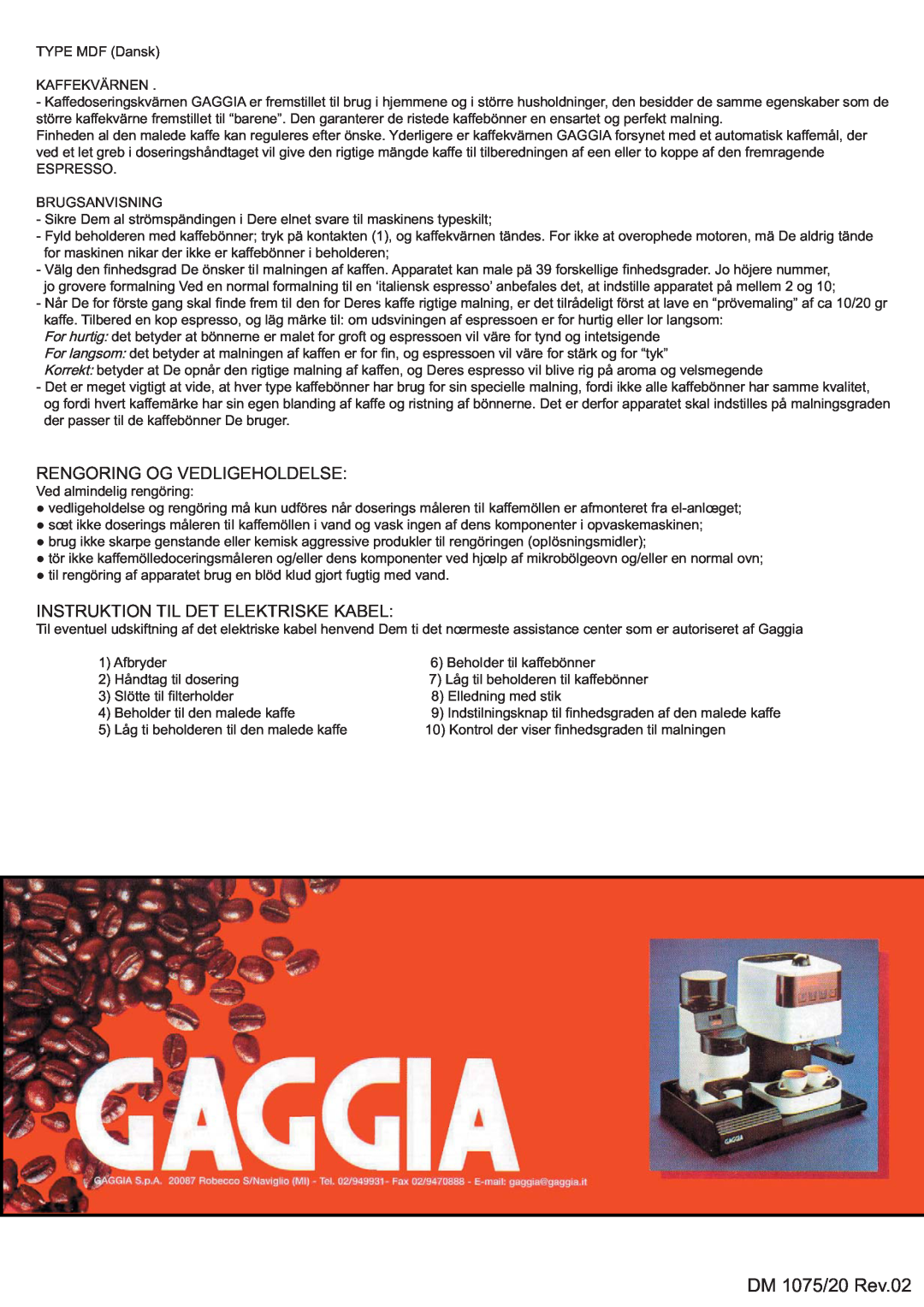 Gaggia 8002, MYUSA013 manual Rengoring Og Vedligeholdelse, Instruktion Til Det Elektriske Kabel, DM 1075/20 Rev.02 