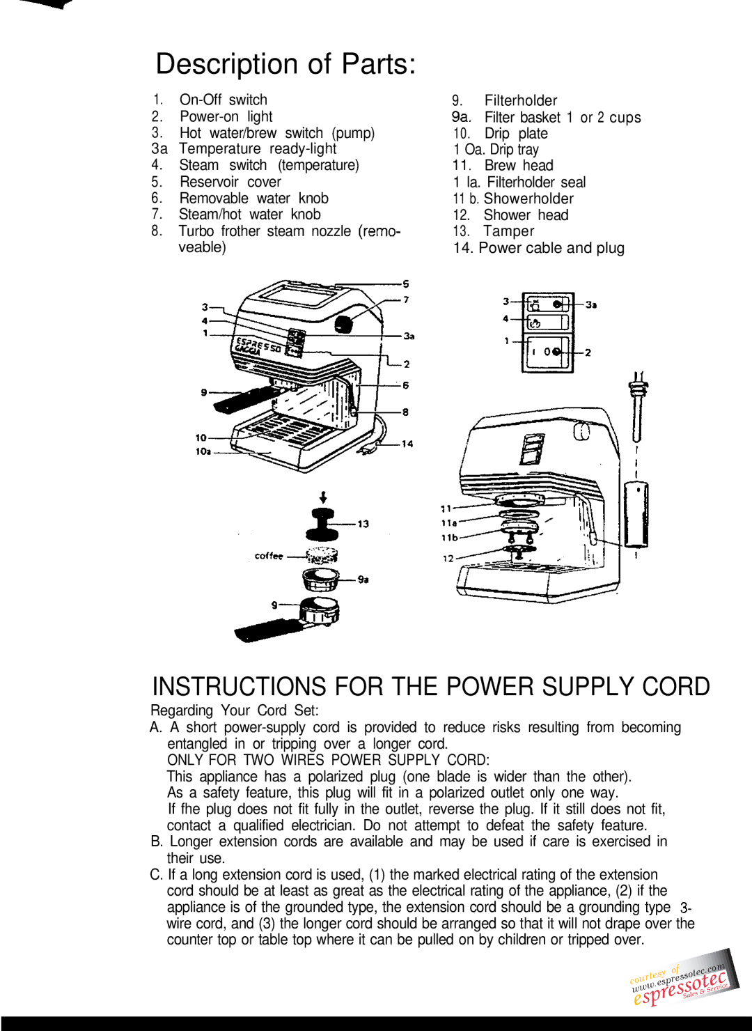 Gaggia Espresso manual Description of Parts, Instructions for the Power Supply Cord 