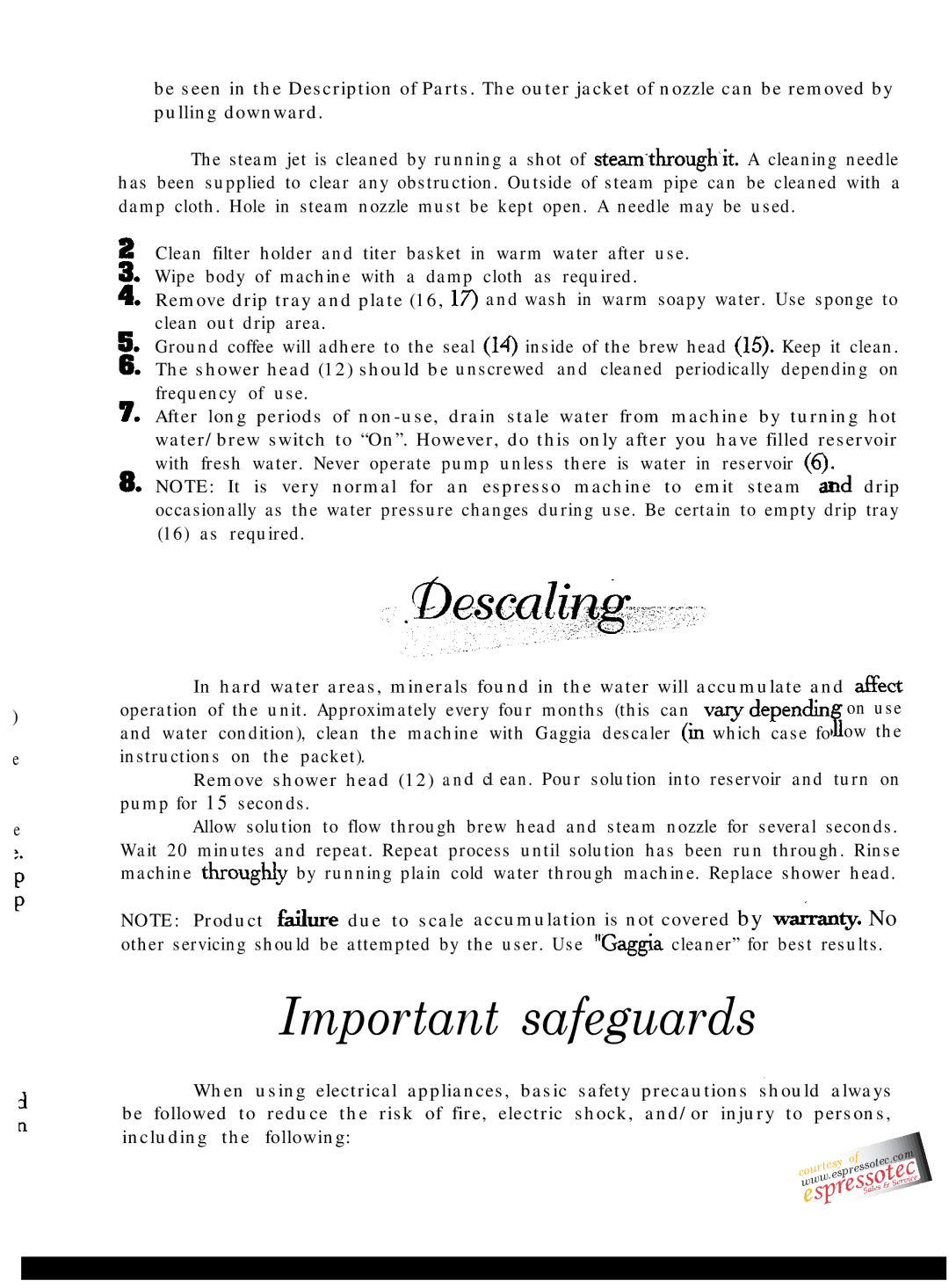 Gaggia Espresso/Cappuccino Maker manual Important safeguards 