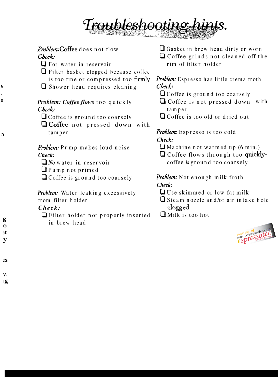 Gaggia Espresso/Cappuccino Maker manual PrablemCoffee does not flow Cbe 