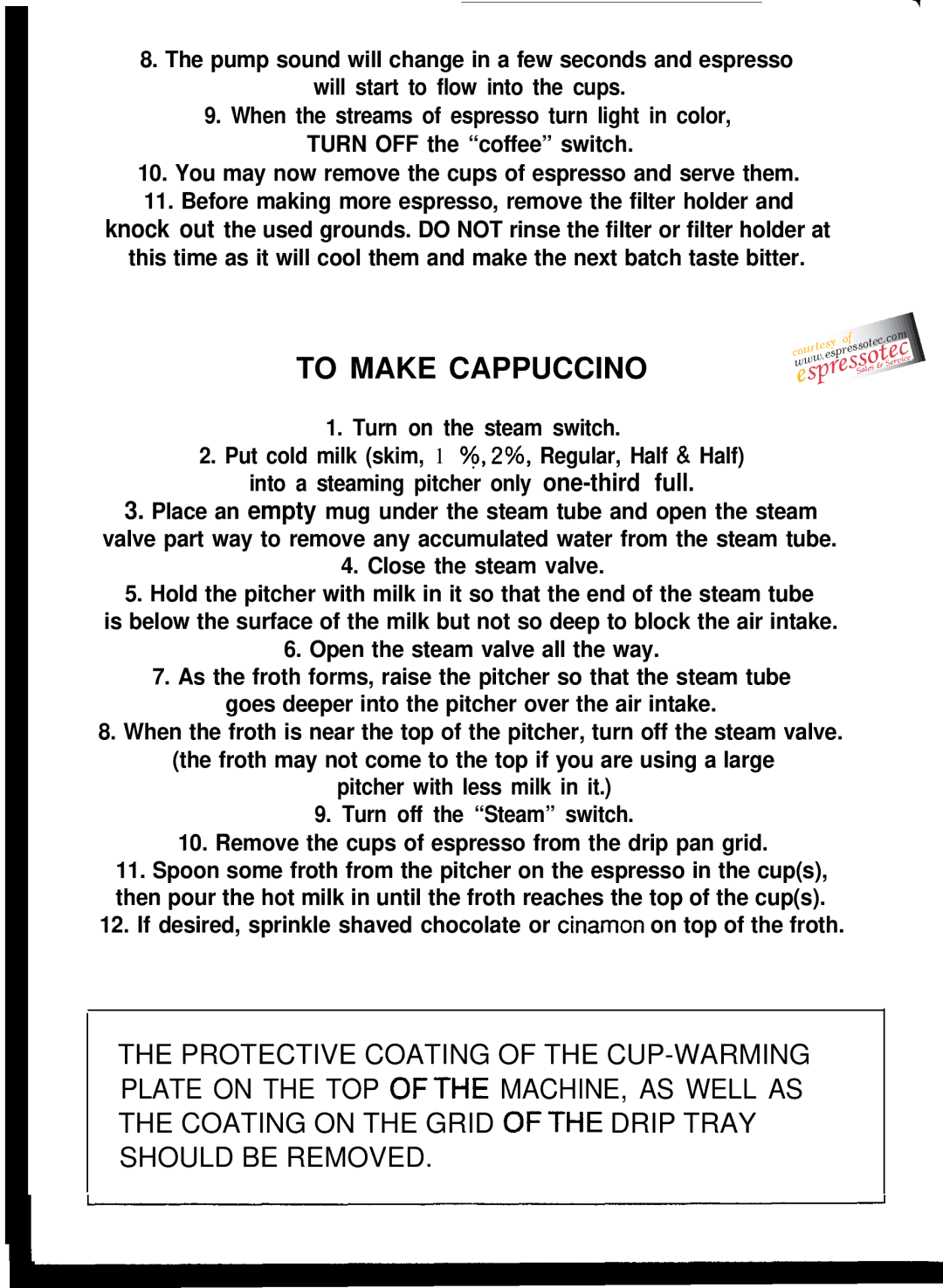 Gaggia Espresso/Cappuccino Maker manual To Make Cappuccino 