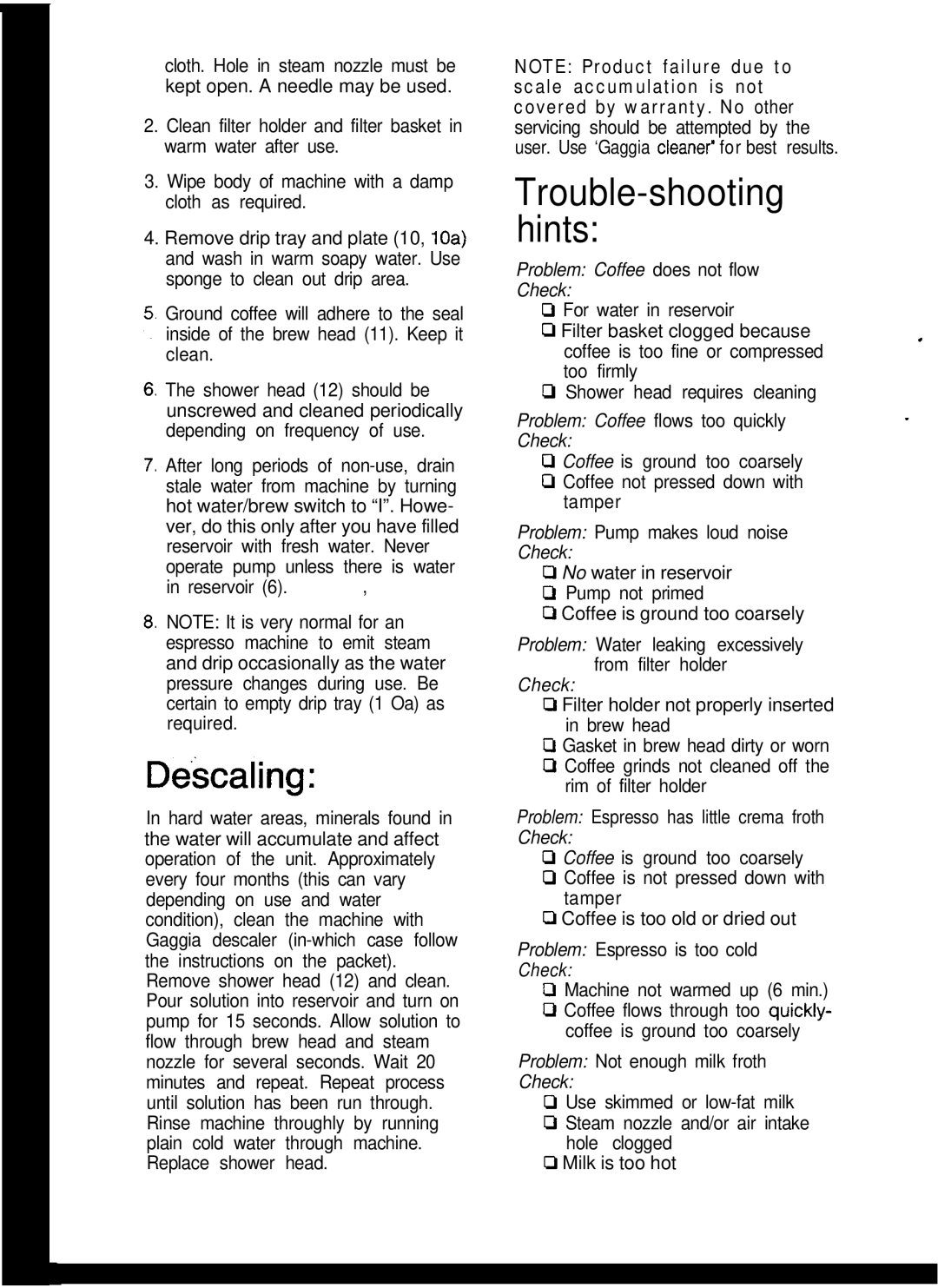 Gaggia Expresso/Cappuccino Makers manual Dekcaling, Trouble-shooting hints 