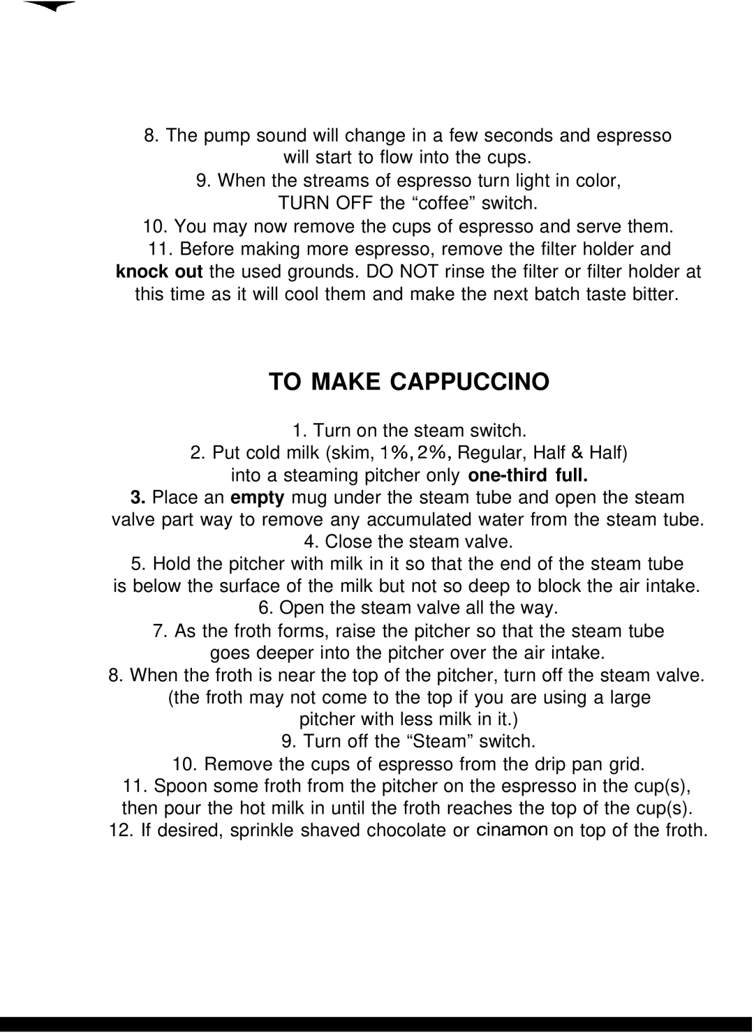 Gaggia Expresso/Cappuccino Makers manual To Make Cappuccino 