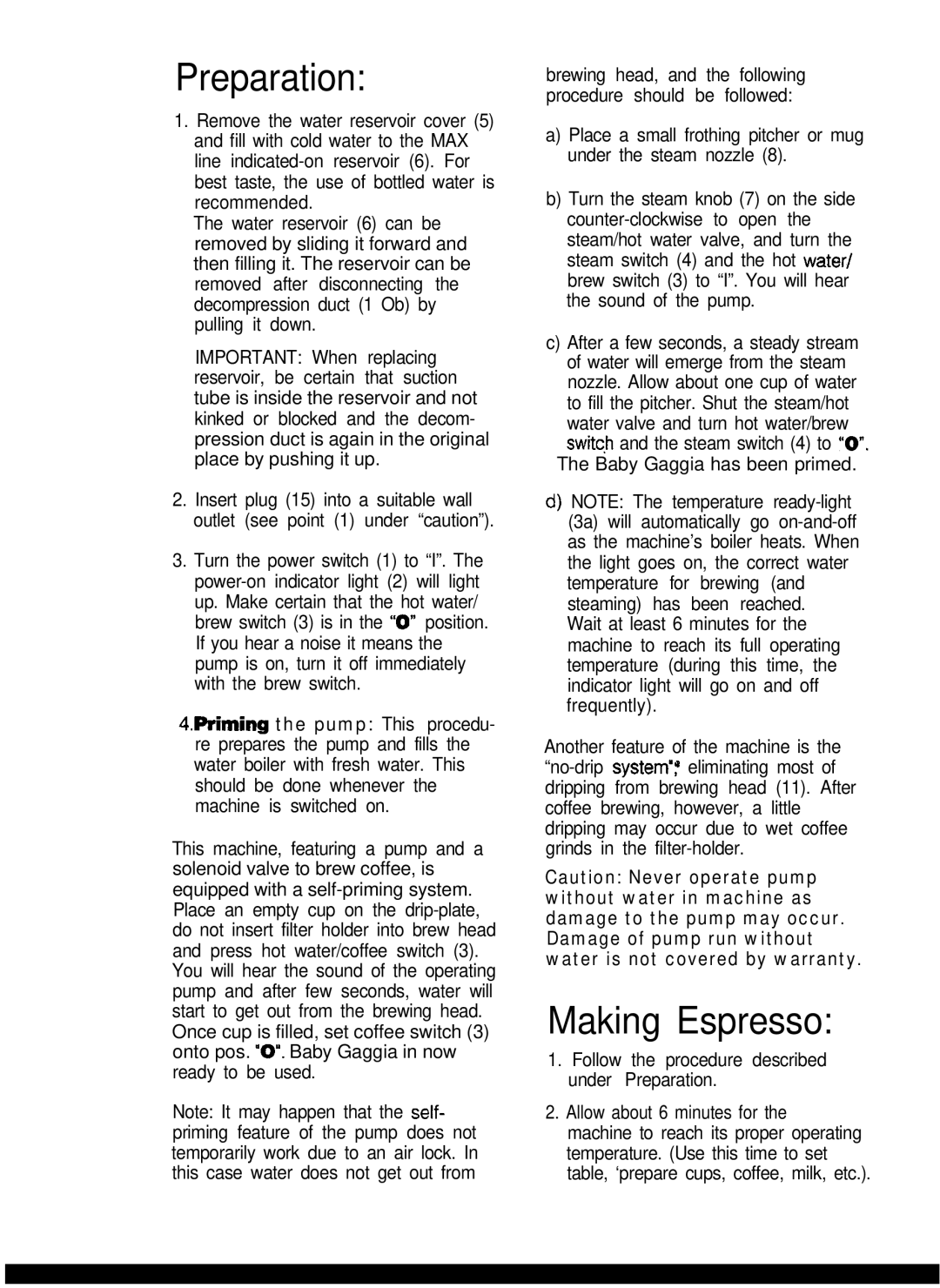 Gaggia Expresso/Cappuccino Makers manual Preparation, Making Espresso 