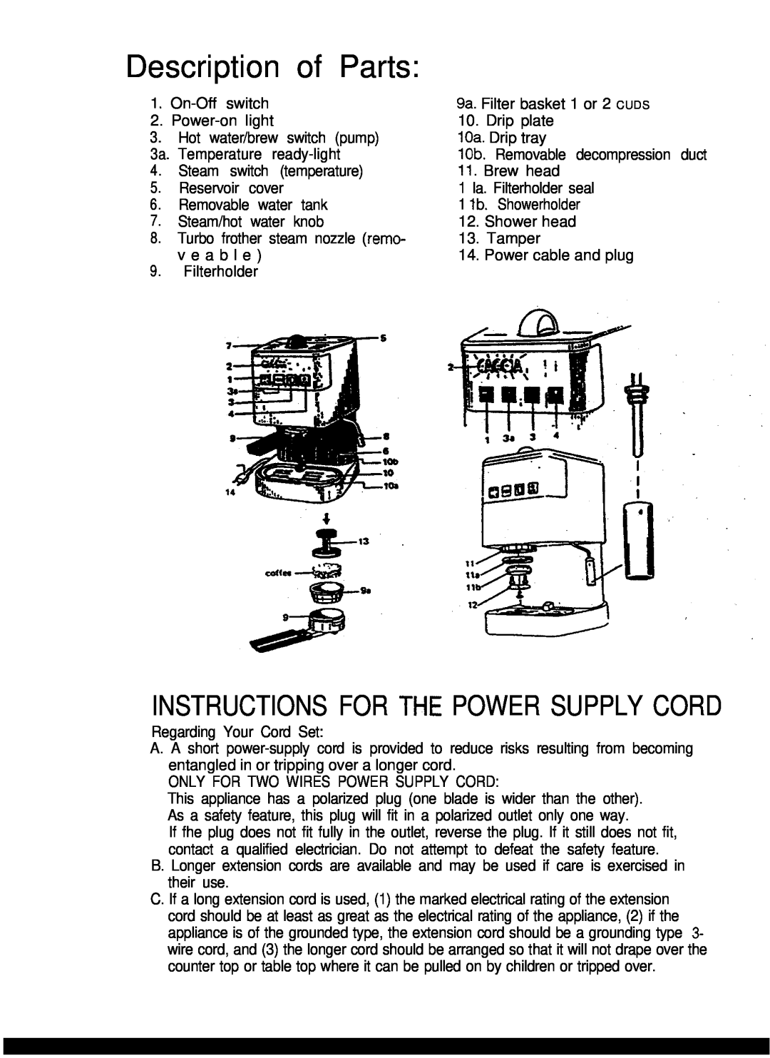 Gaggia Expresso/Cappuccino Makers manual Description, Parts, Instructions For The Power Supply Cord 