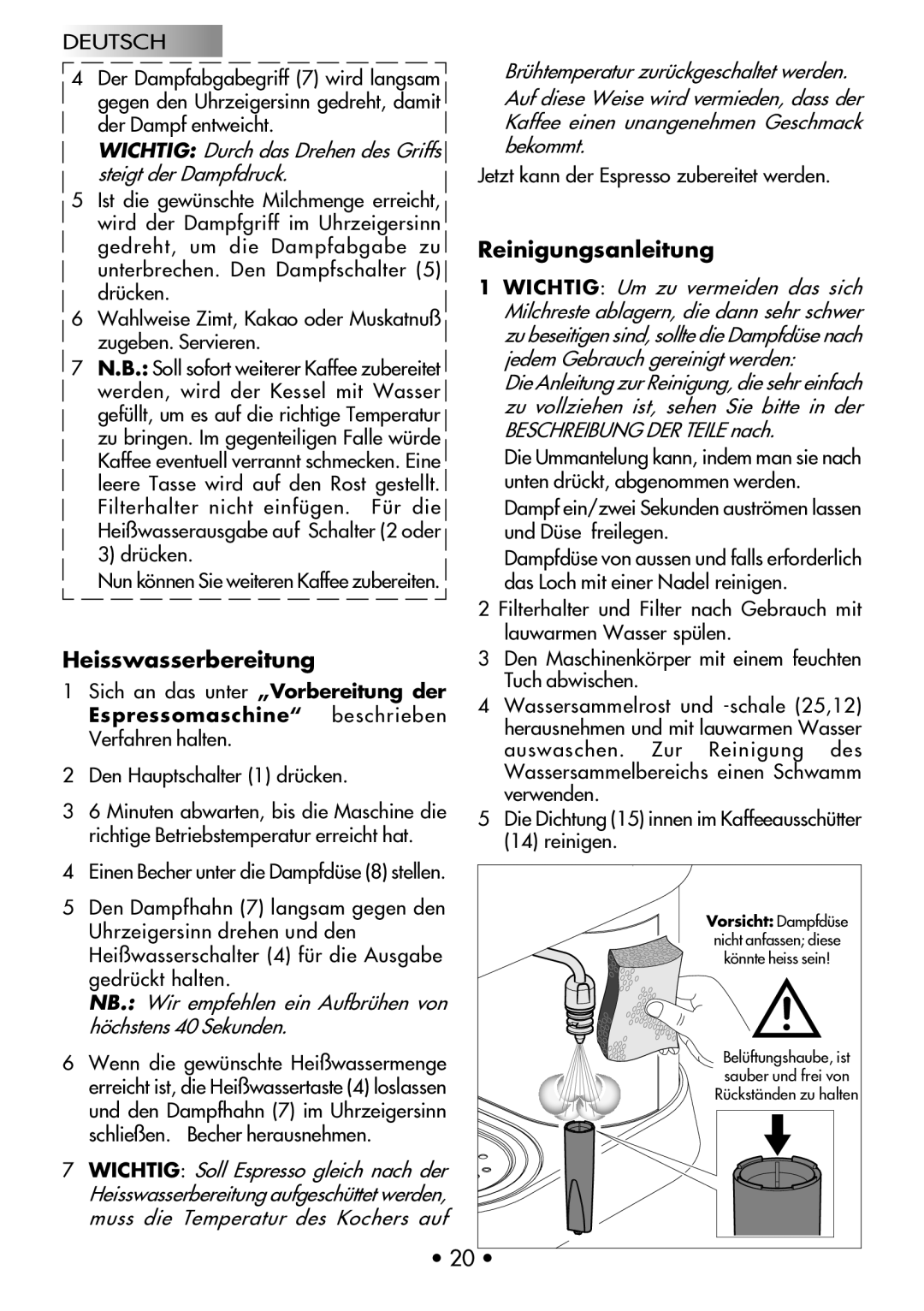 Gaggia Machine Baby Dosata manual Reinigungsanleitung, Heisswasserbereitung 