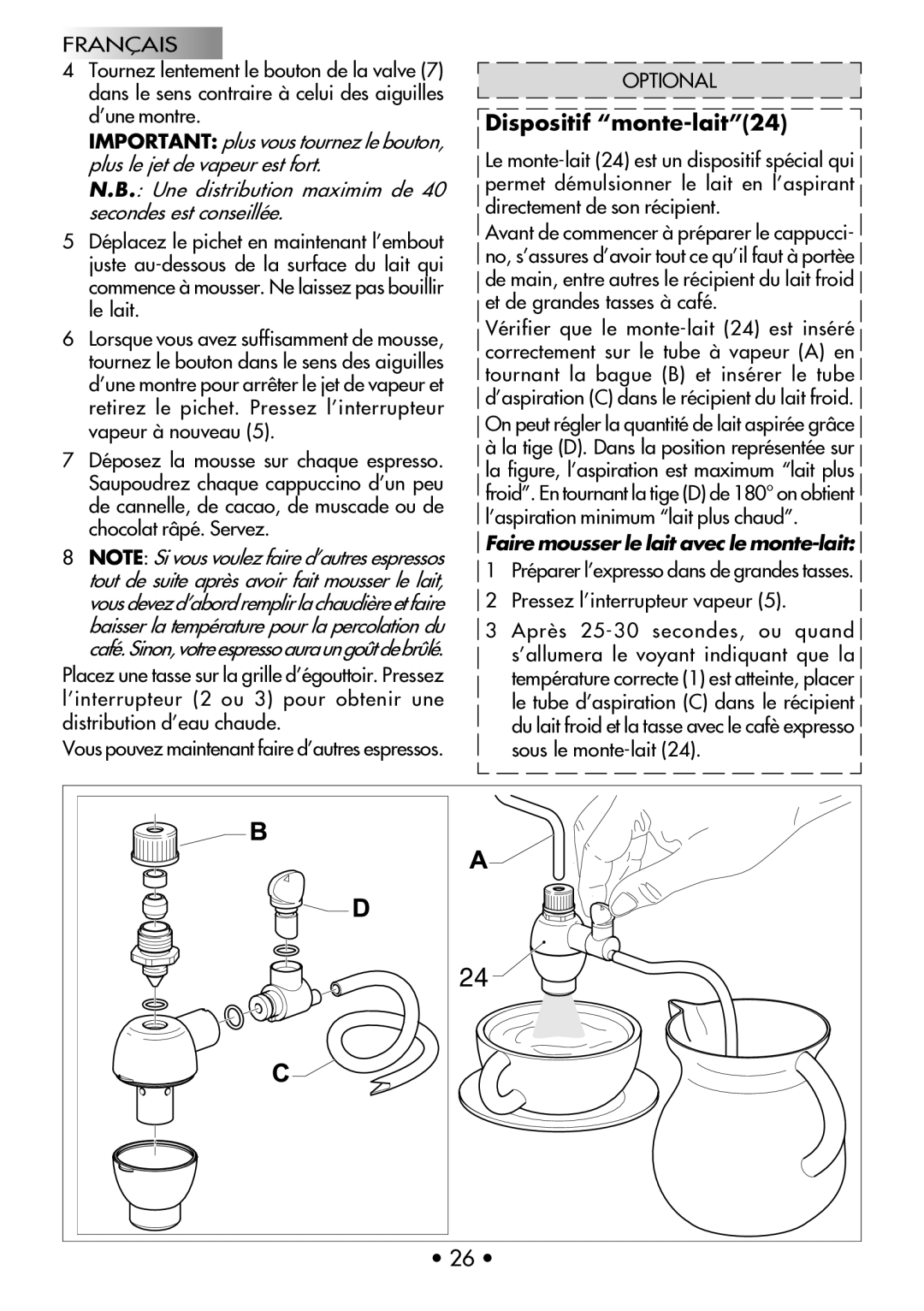 Gaggia Machine Baby Dosata manual Dispositif monte-lait24, On peut régler la quantité de lait aspirée grâce 