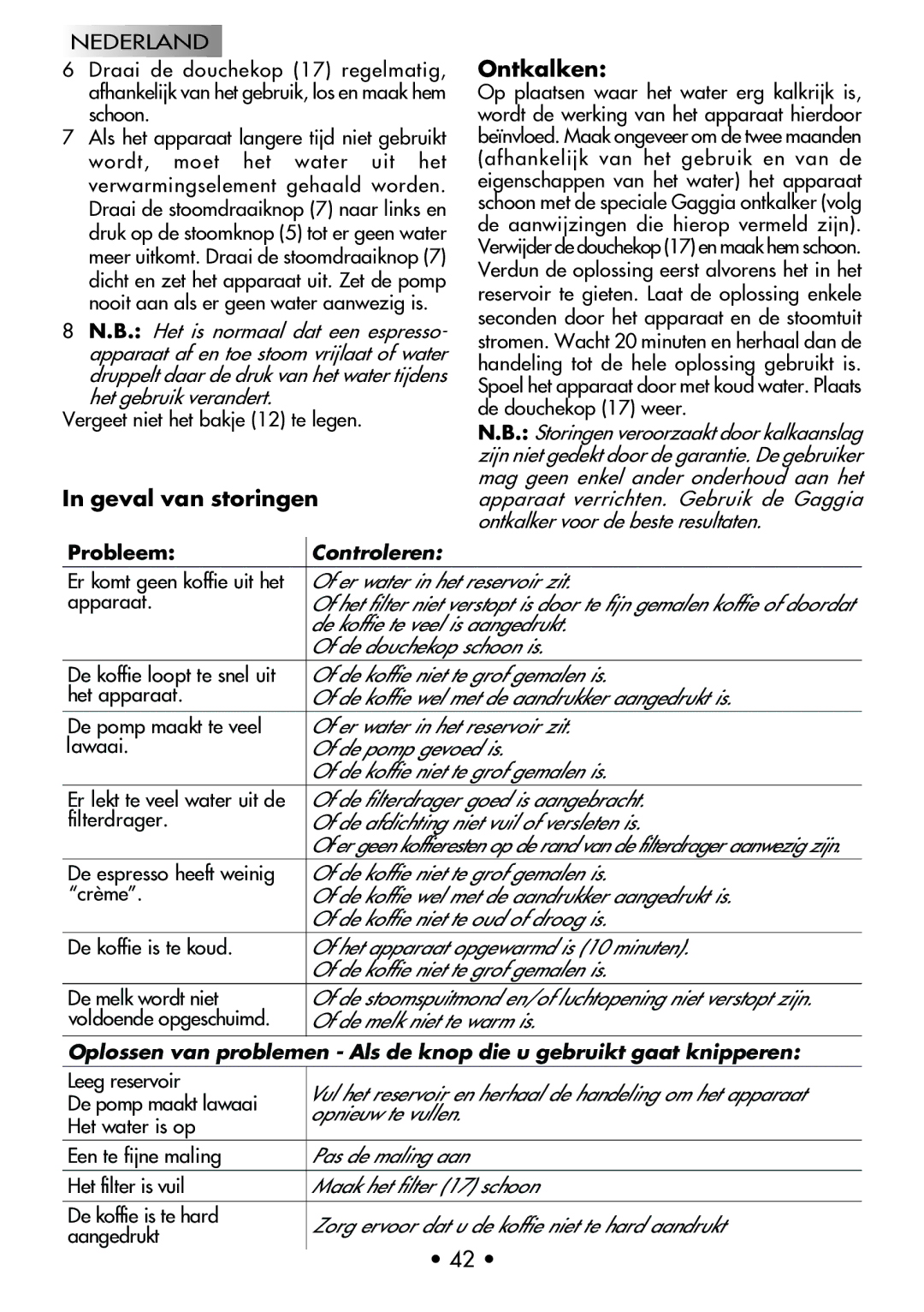 Gaggia Machine Baby Dosata manual Ontkalken, Geval van storingen 