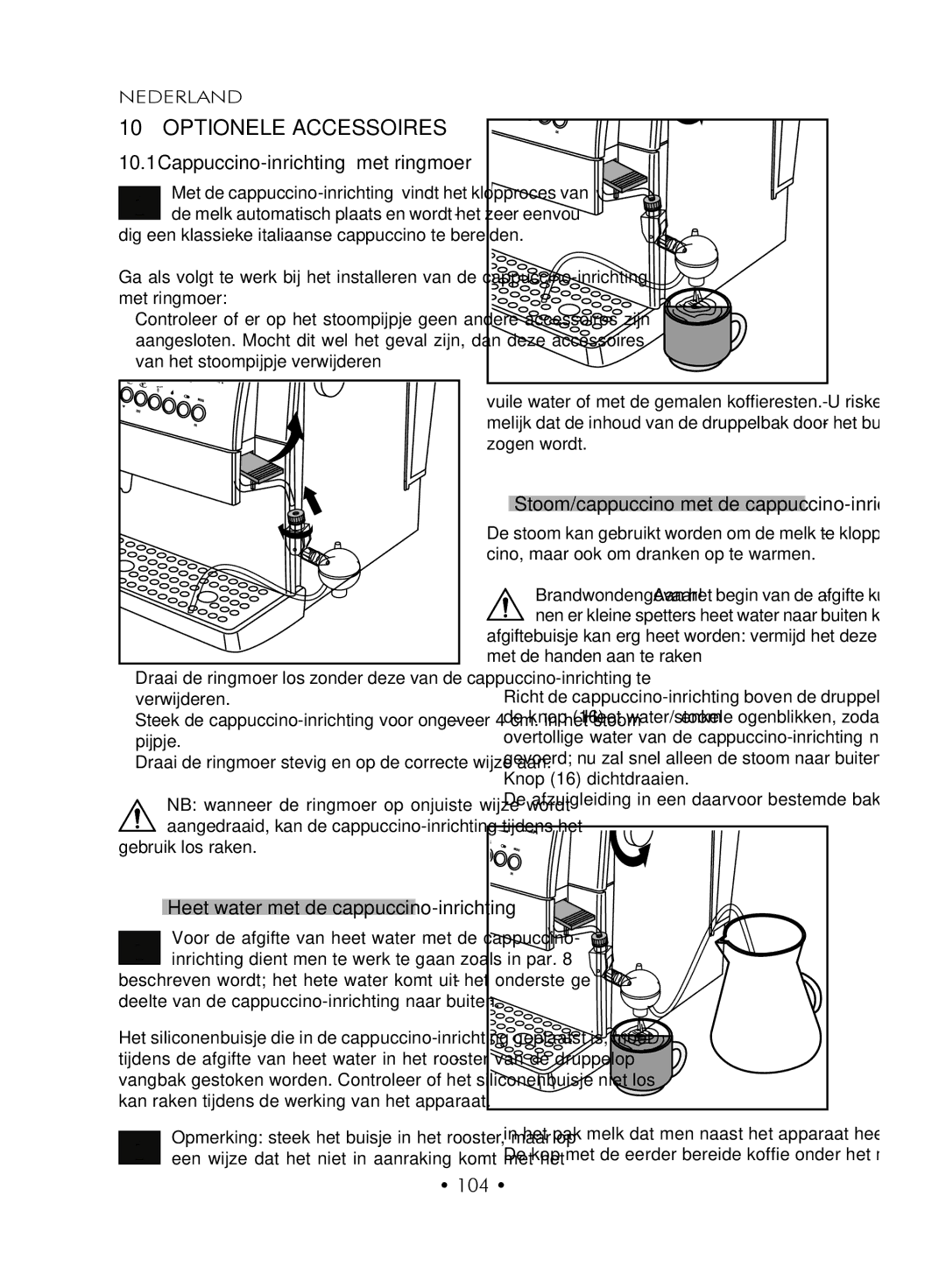 Gaggia SUP027YDR manual Optionele accessoires, Cappuccino-inrichting met ringmoer, 104 