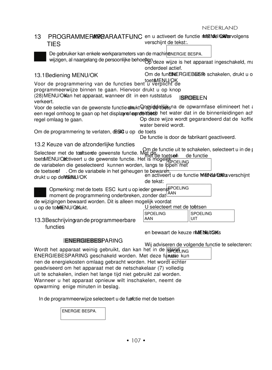 Gaggia SUP027YDR manual Programmering APPARAATFUNC- Ties, Bediening MENU/OK, Beschrijving van de programmeerbare functies 