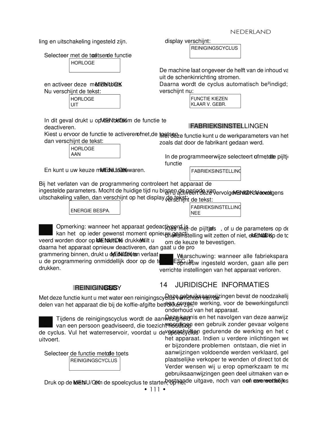 Gaggia SUP027YDR manual Juridische Informaties, Fabrieksinstellingen, Reinigingscyclus, 111 