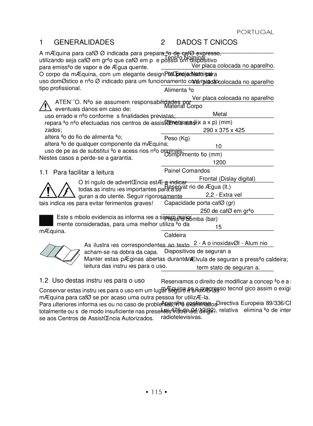 Gaggia SUP027YDR manual Dados Técnicos, Para facilitar a leitura, Uso destas instruções para o uso, 115 