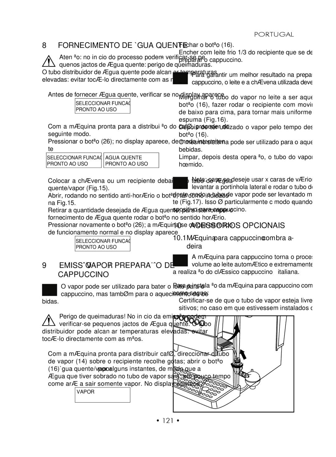 Gaggia SUP027YDR manual Emissão Vapor / Preparação de cappuccino, Acessorios opcionais, 121 