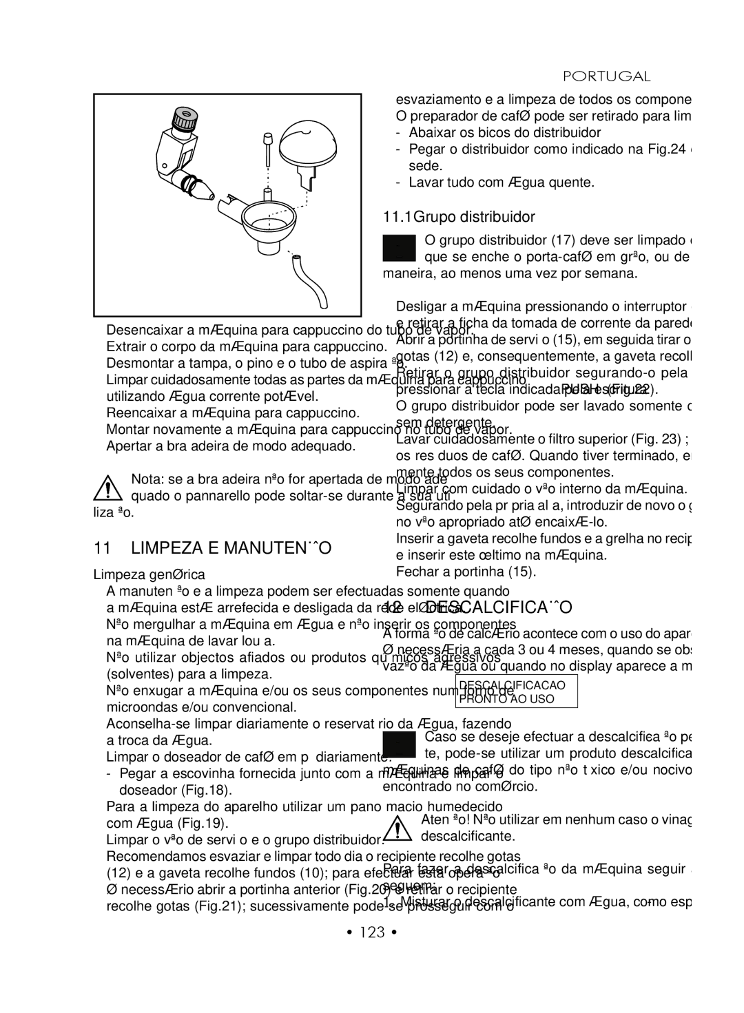 Gaggia SUP027YDR manual Limpeza E Manutenção, Descalcificação, Grupo distribuidor, 123 