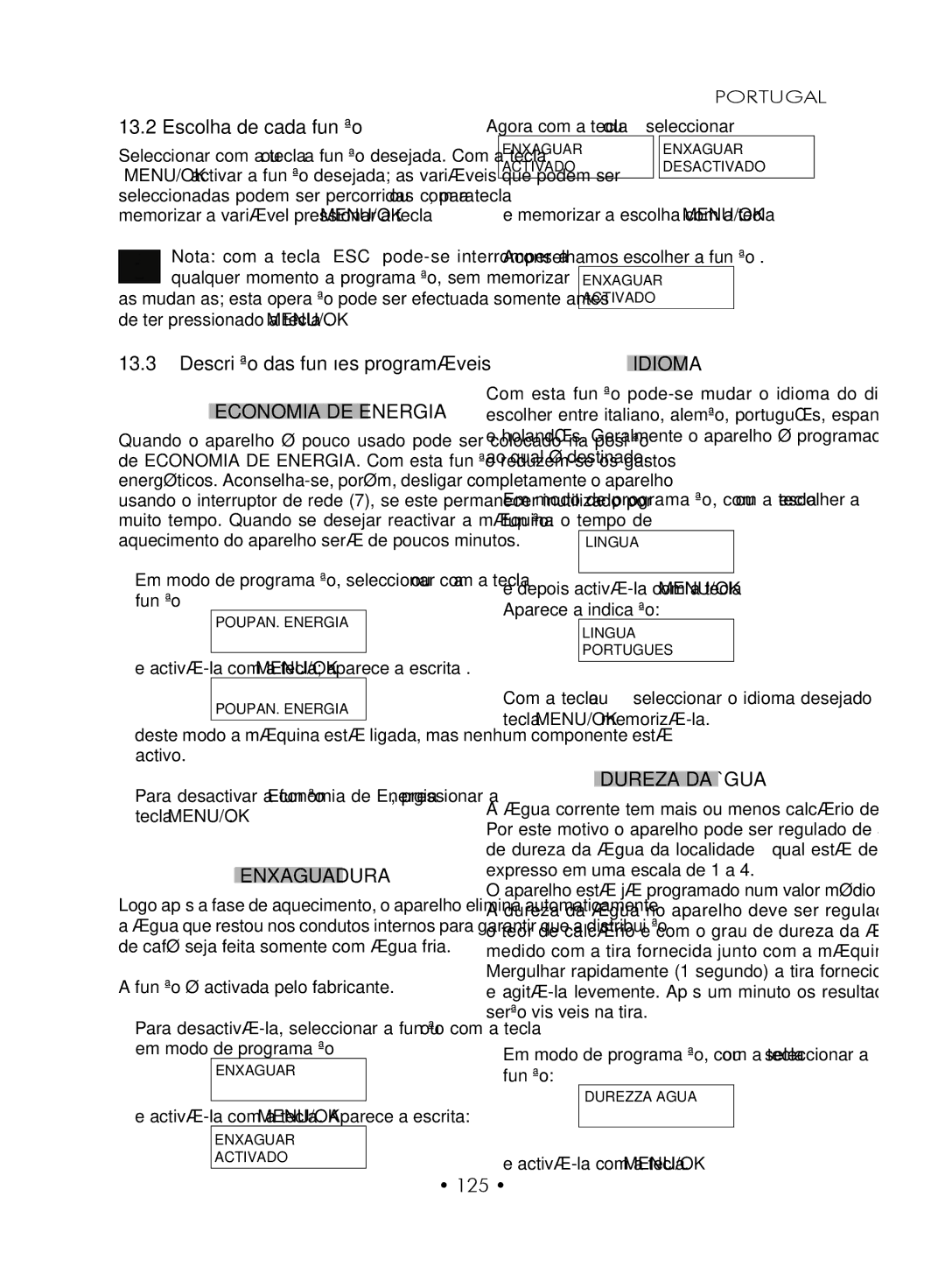 Gaggia SUP027YDR manual Escolha de cada função, Economia DE Energia, Enxaguadura, Dureza DA Água, 125 