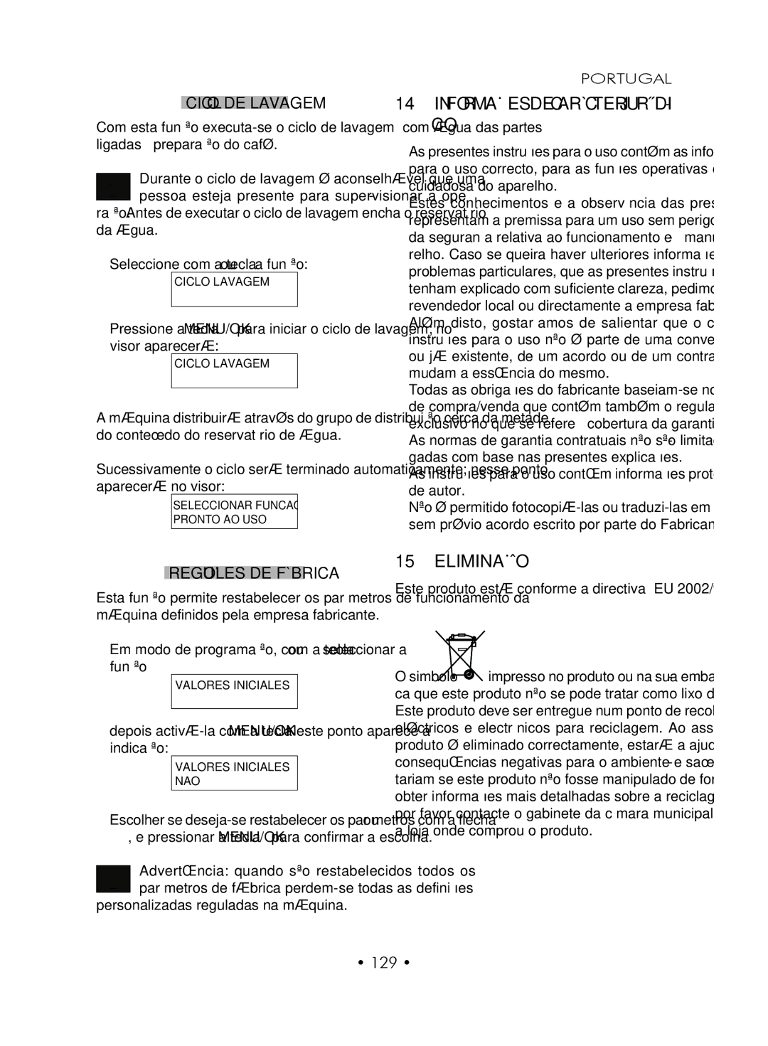 Gaggia SUP027YDR manual Informações DE Carácter JURÍDI- CO, Eliminação, Ciclo DE Lavagem, Regoluções DE Fábrica, 129 