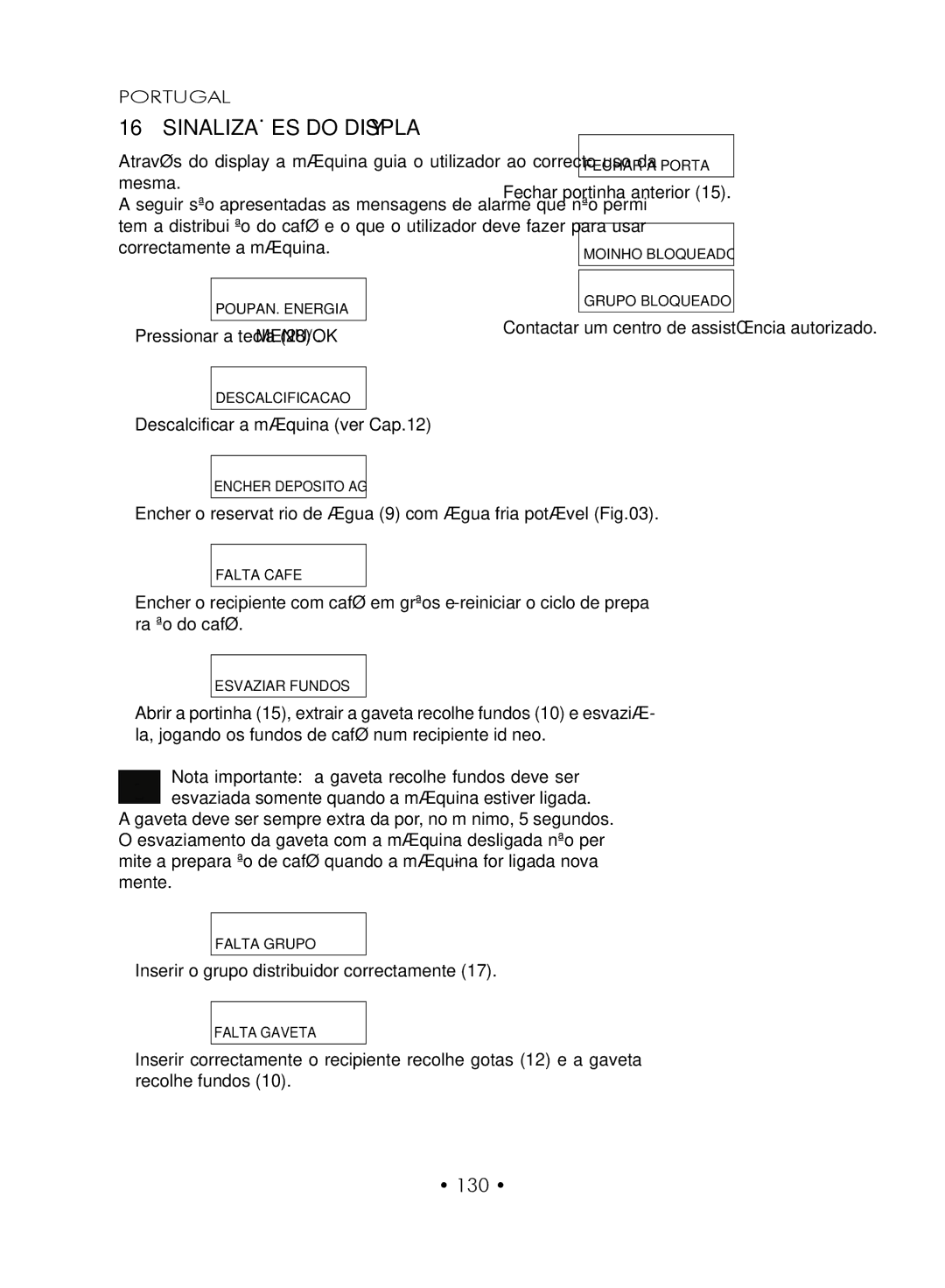 Gaggia SUP027YDR manual Sinalizações do Display, 130 