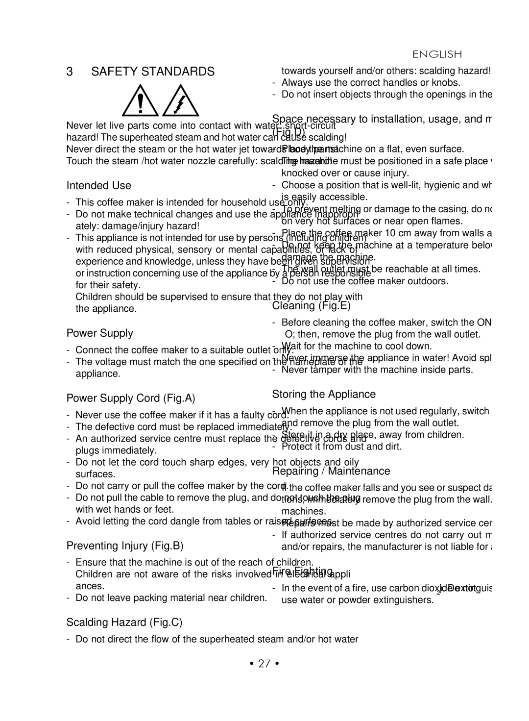 Gaggia SUP027YDR manual Safety Standards 