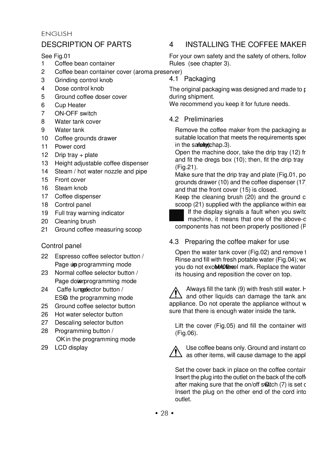 Gaggia SUP027YDR manual Description of Parts, Installing the Coffee Maker 