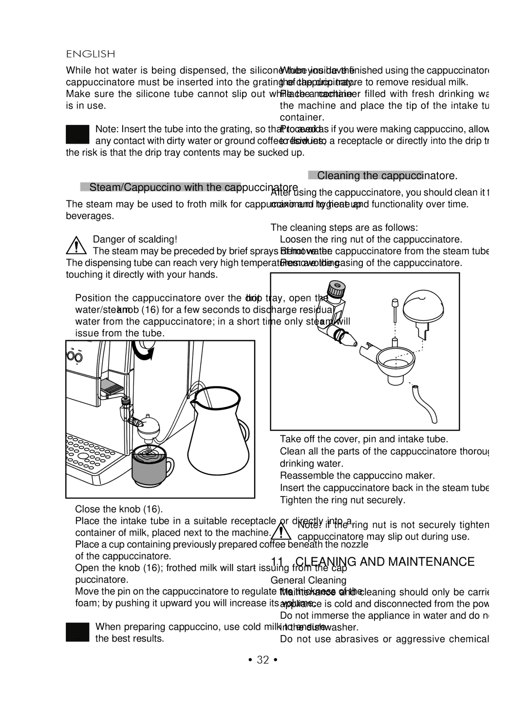 Gaggia SUP027YDR manual Cleaning and Maintenance, Cleaning the cappuccinatore, Close the knob, General Cleaning 