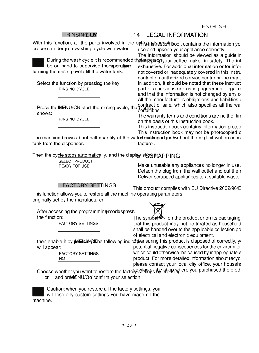 Gaggia SUP027YDR manual Legal Information, Scrapping, Rinsing Cycle, Factory Settings 