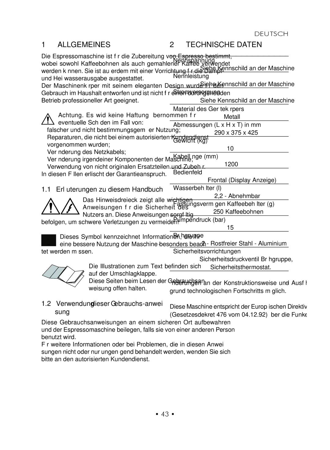 Gaggia SUP027YDR Allgemeines, Technische Daten, Erläuterungen zu diesem Handbuch, Verwendung dieser Gebrauchs-anwei- sung 