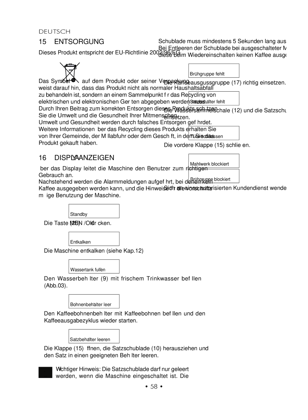 Gaggia SUP027YDR manual Entsorgung, Display-ANZEIGEN, Die vordere Klappe 15 schließen, Die Taste 28 MENÜ/OK drücken 