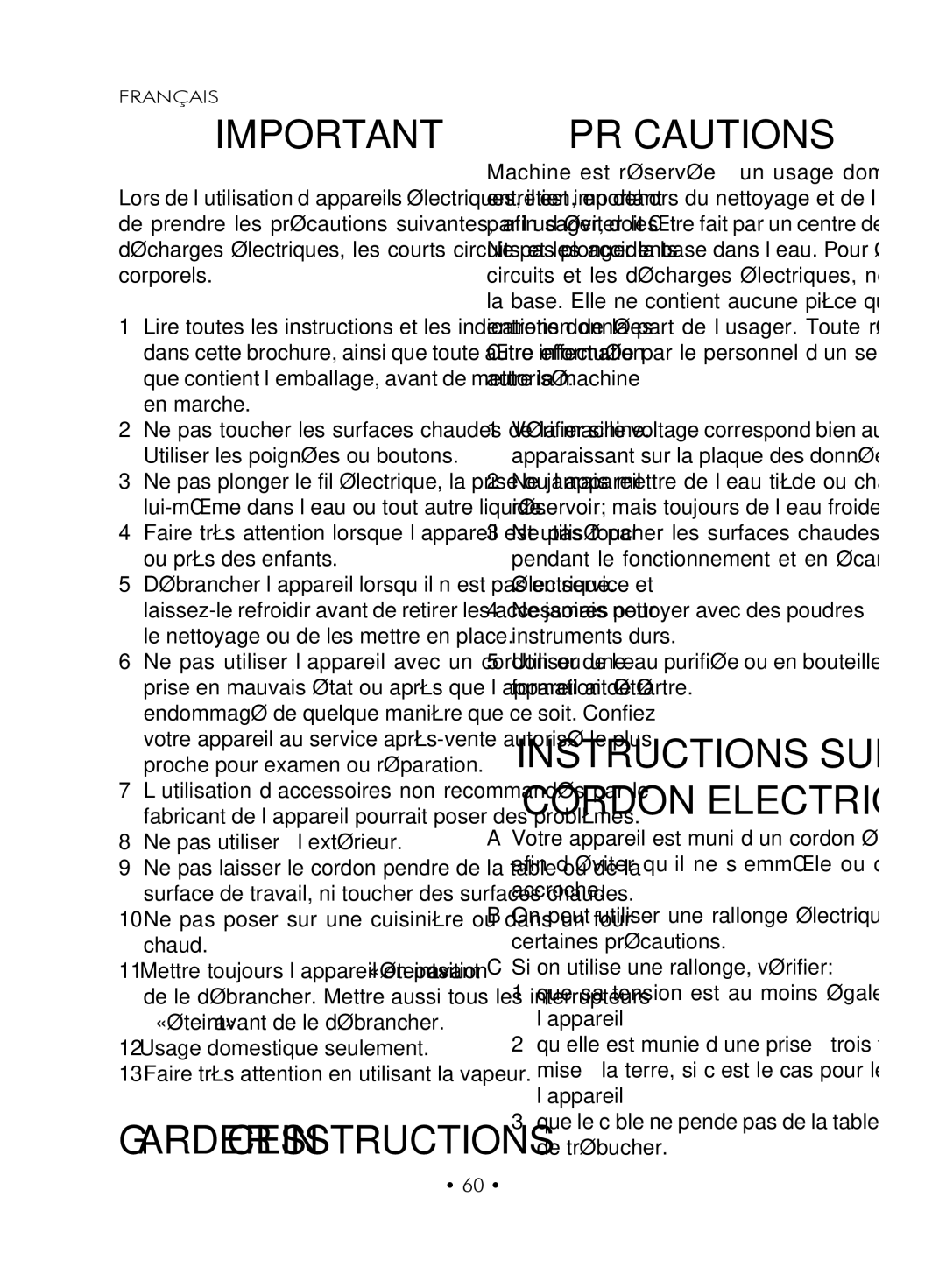 Gaggia SUP027YDR manual Français, Faire très attention en utilisant la vapeur 