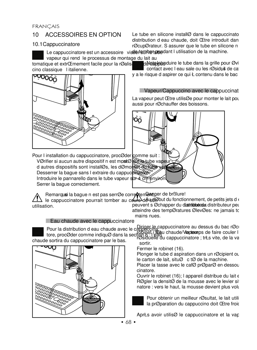 Gaggia SUP027YDR manual Accessoires en option, Eau chaude avec le cappuccinatore 