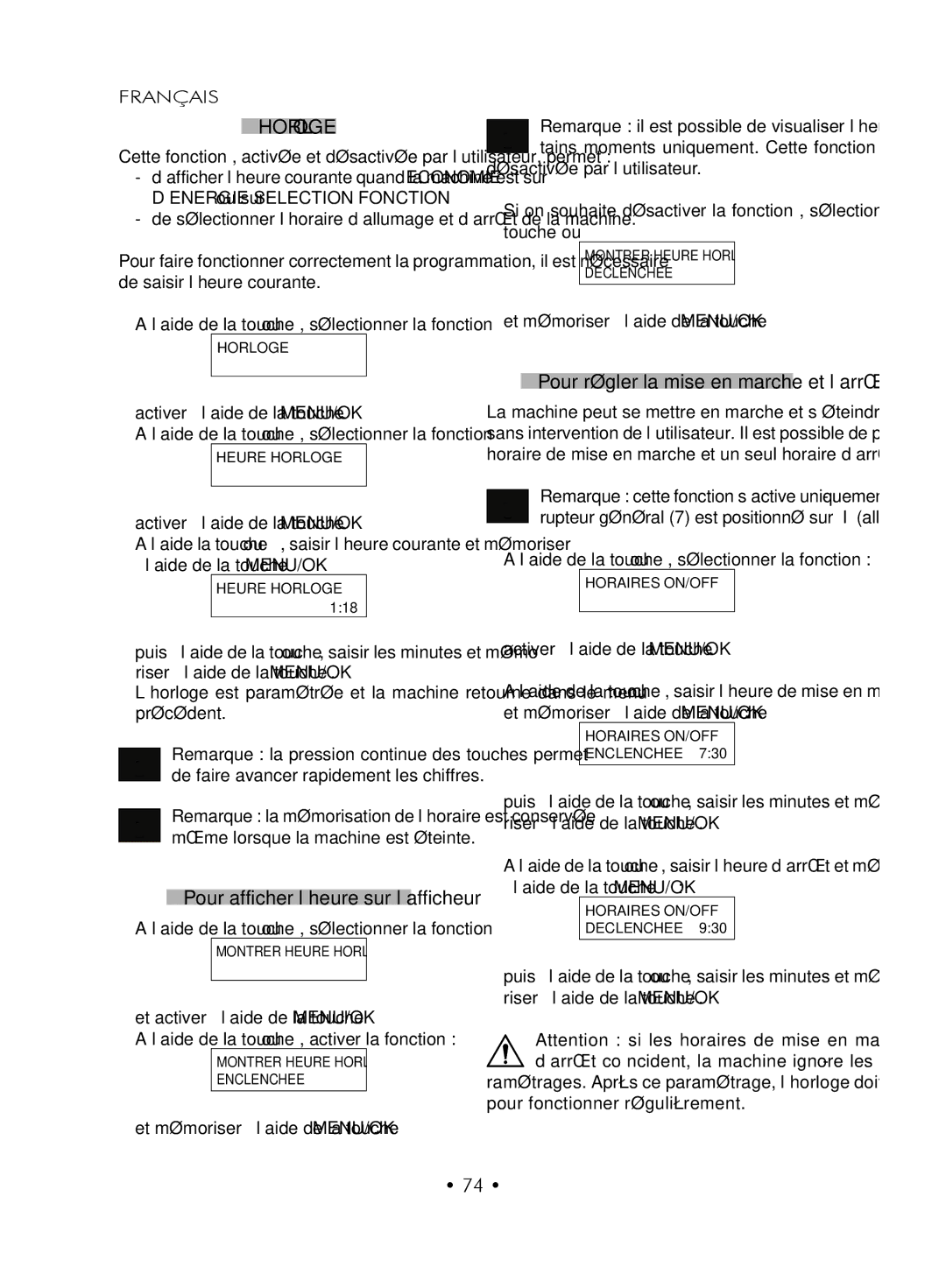 Gaggia SUP027YDR manual Horloge, Pour afficher l’heure sur l’afficheur, Pour régler la mise en marche et l’arrêt 