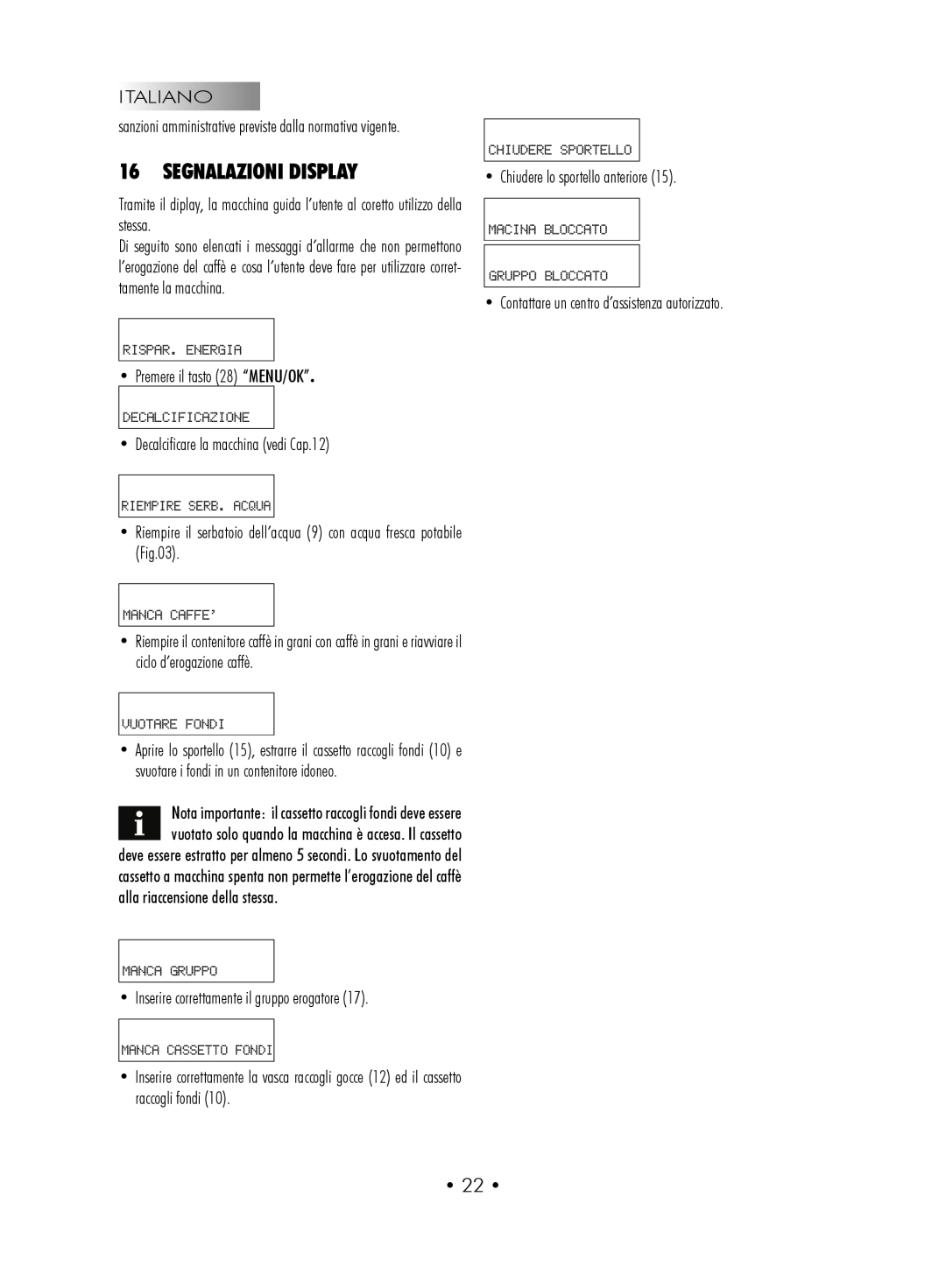 Gaggia SUP027YDR manual Segnalazioni Display, • 22 • 