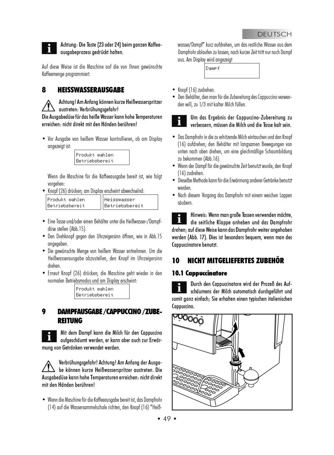 Gaggia SUP027YDR manual Heisswasserausgabe, Nicht mitgeliefertes Zubehör, Cappuccinatore, • 49 • 