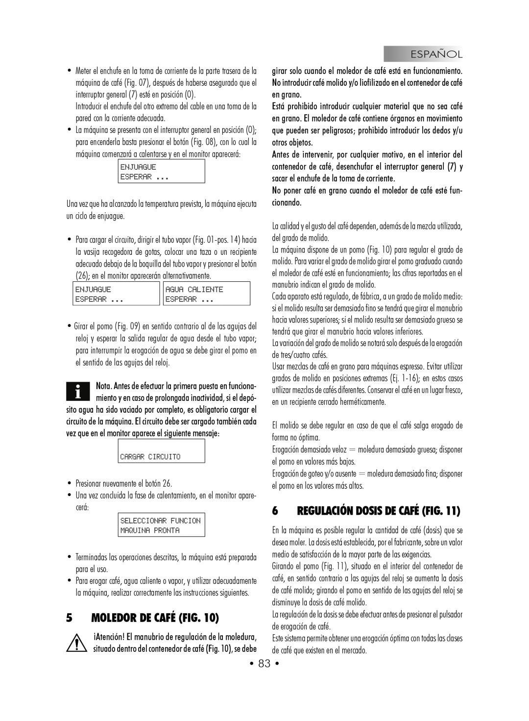 Gaggia SUP027YDR manual MOLEDOR DE CAFÉ Fig, REGULACIÓN DOSIS DE CAFÉ Fig 