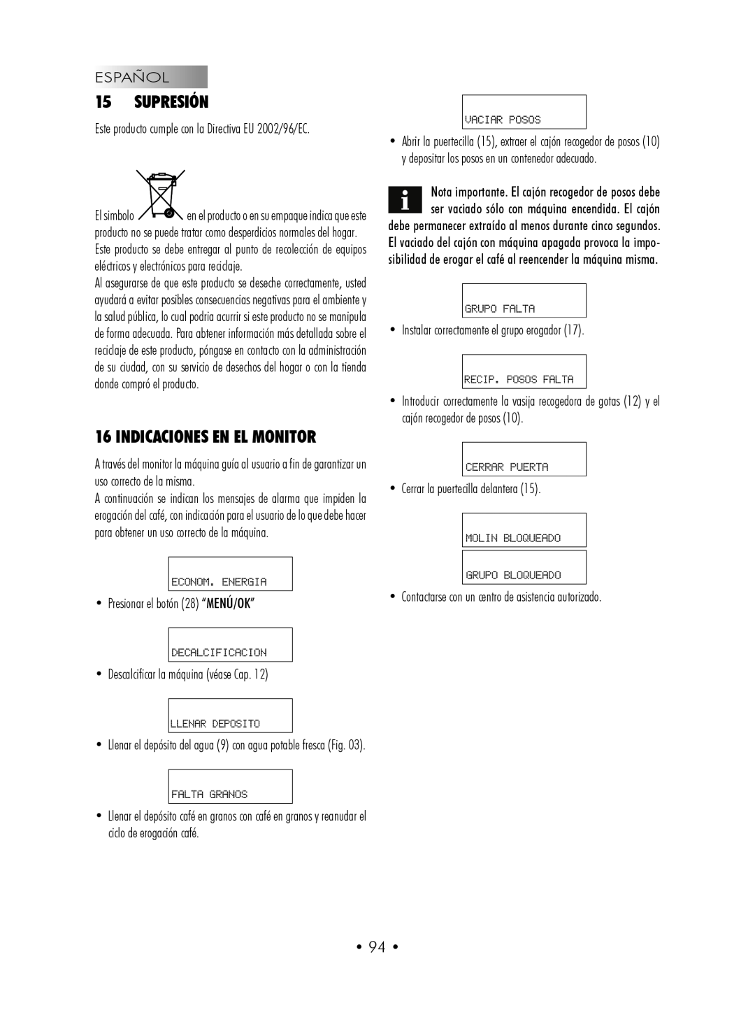 Gaggia SUP027YDR manual Supresión, Indicaciones En El Monitor 