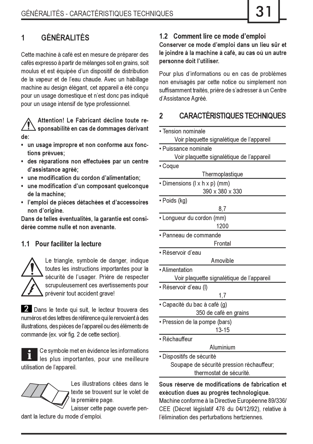 Gaggia Syncrony Généralités Caractéristiques Techniques, Comment lire ce mode d’emploi, Pour faciliter la lecture 