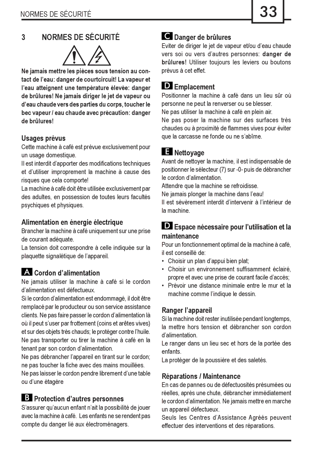 Gaggia Syncrony manual Normes DE Sécurité 