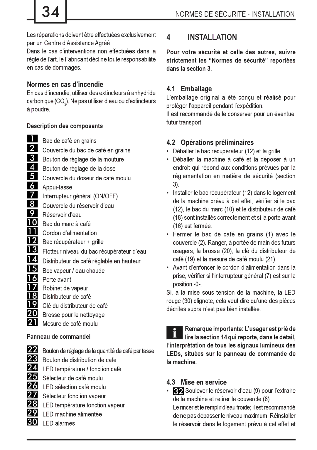 Gaggia Syncrony manual Normes DE Sécurité Installation, Normes en cas d’incendie, Emballage, Opérations préliminaires 