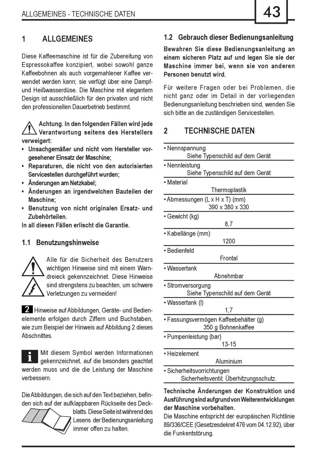 Gaggia Syncrony manual Allgemeines, Technische Daten, Gebrauch dieser Bedienungsanleitung, Benutzungshinweise 