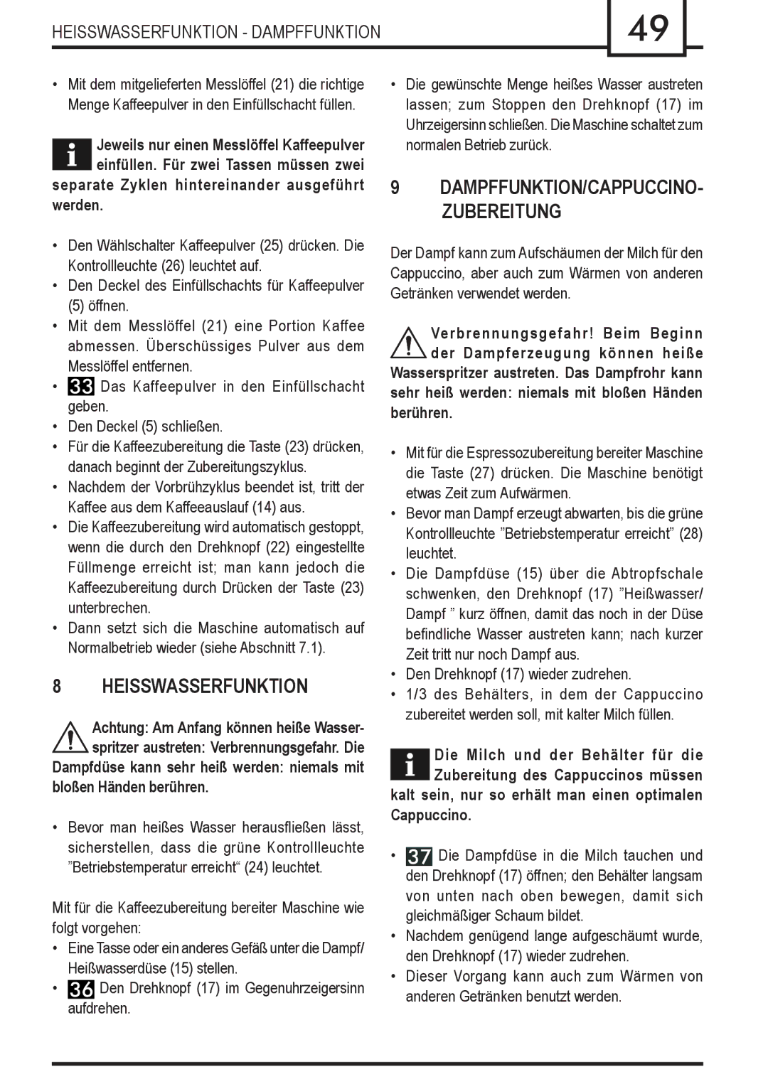 Gaggia Syncrony manual Heisswasserfunktion Dampffunktion 