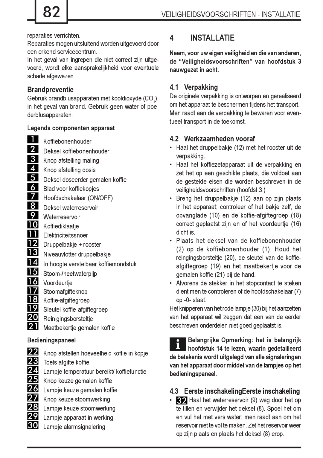 Gaggia Syncrony Installatie, Brandpreventie, Verpakking, Werkzaamheden vooraf, Eerste inschakelingEerste inschakeling 