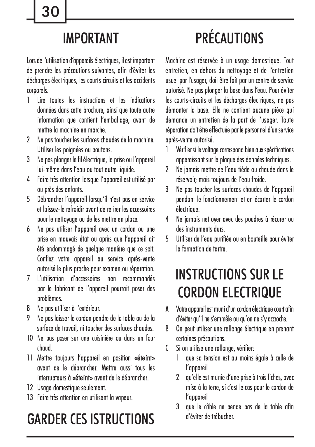 Gaggia Syncrony Importantprécautions, Garder Ces Istructions, Instructions Sur Le Cordon Electrique, problèmes, électrique 