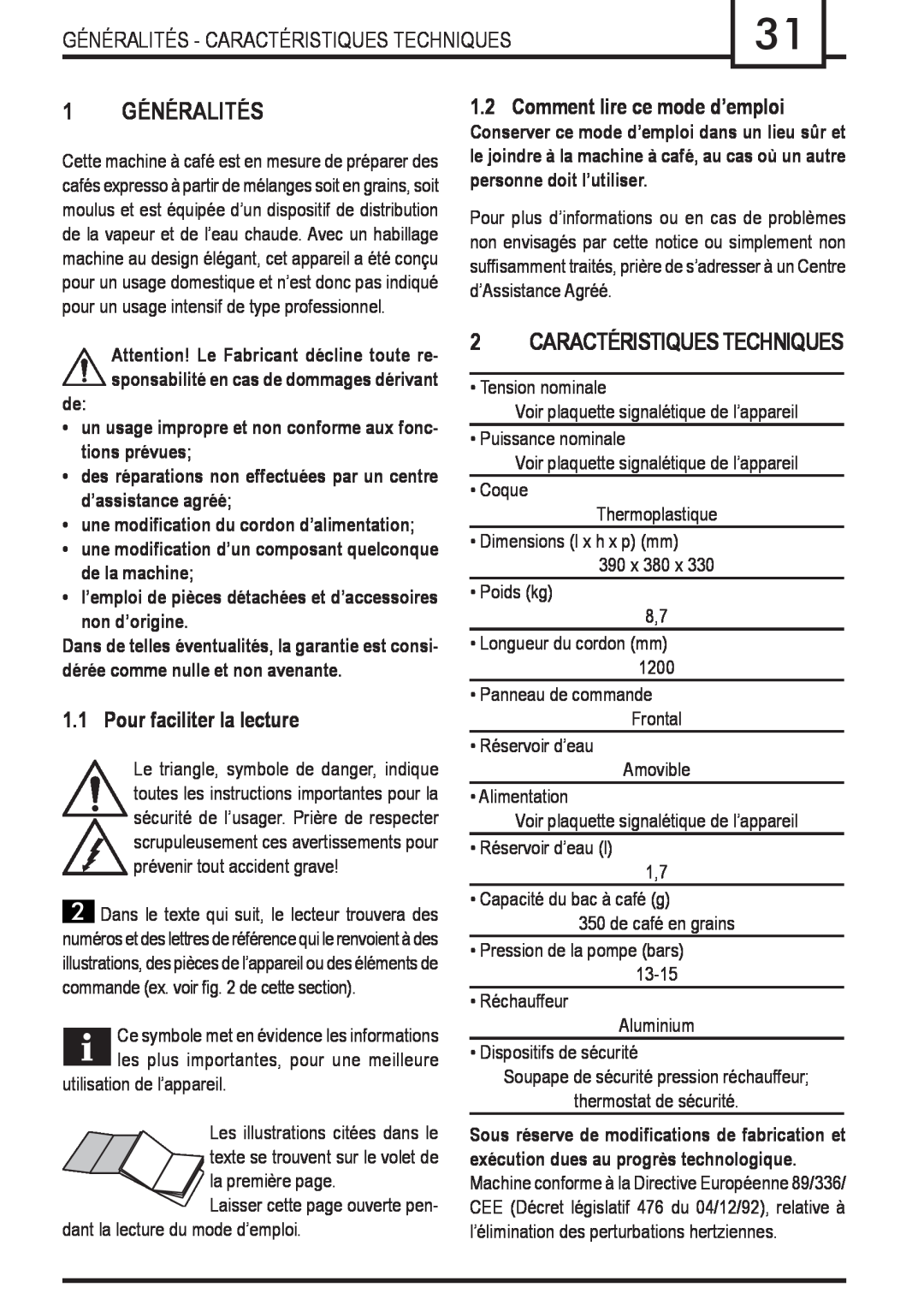 Gaggia Syncrony manual 1 GÉNÉRALITÉS, Généralités - Caractéristiques Techniques 