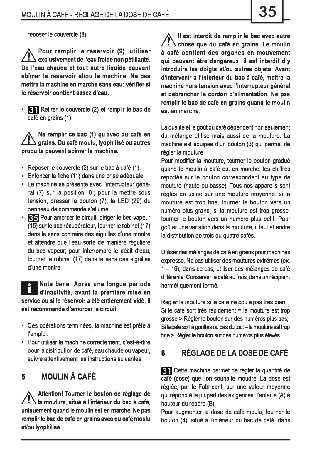 Gaggia Syncrony manual 6 RÉGLAGE DE LA DOSE DE CAFÉ, Moulin À Café - Réglage De La Dose De Café, et/ou lyophilisé 