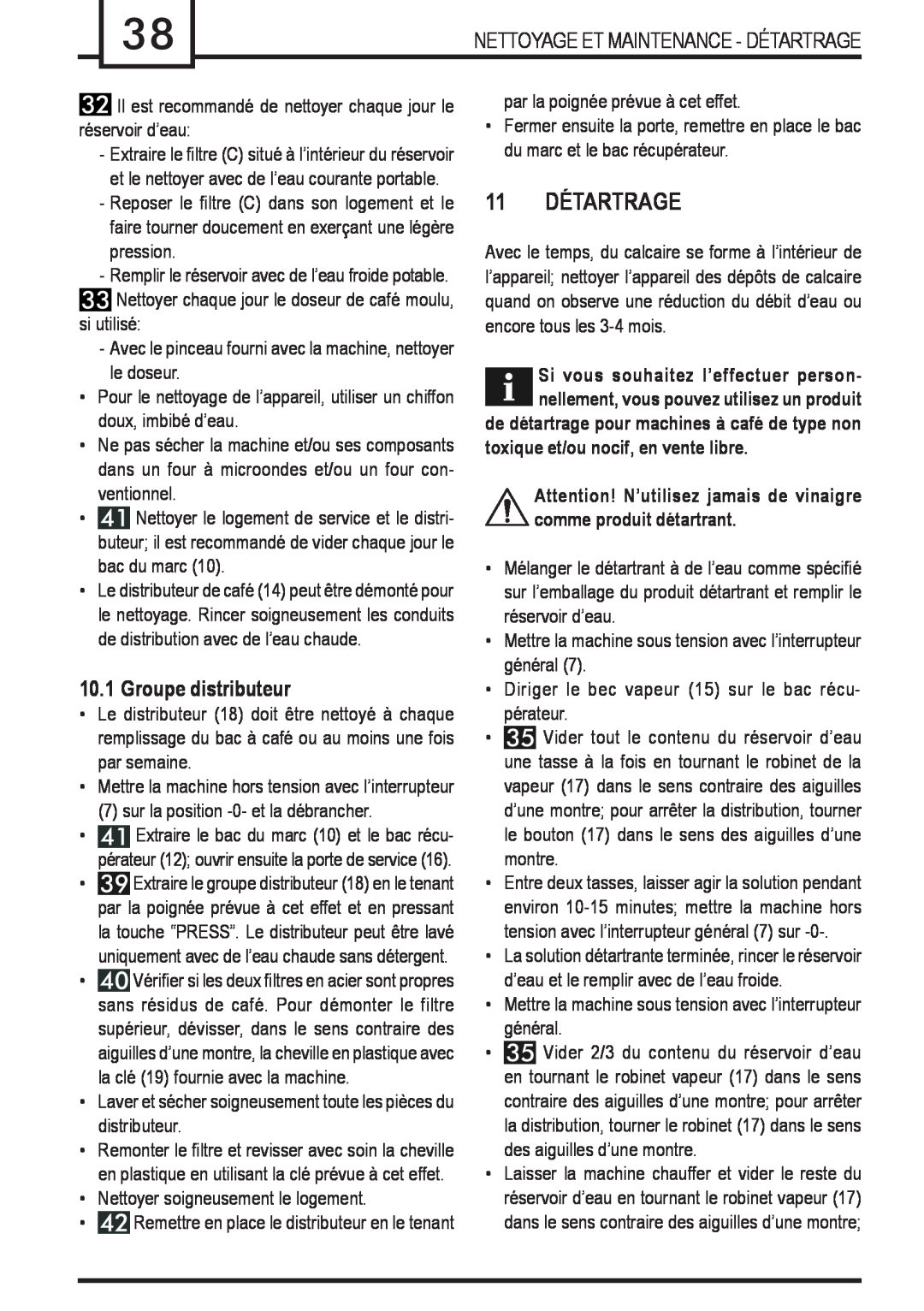 Gaggia Syncrony manual 11 DÉTARTRAGE, Groupe distributeur, toxique et/ou nocif, en vente libre 