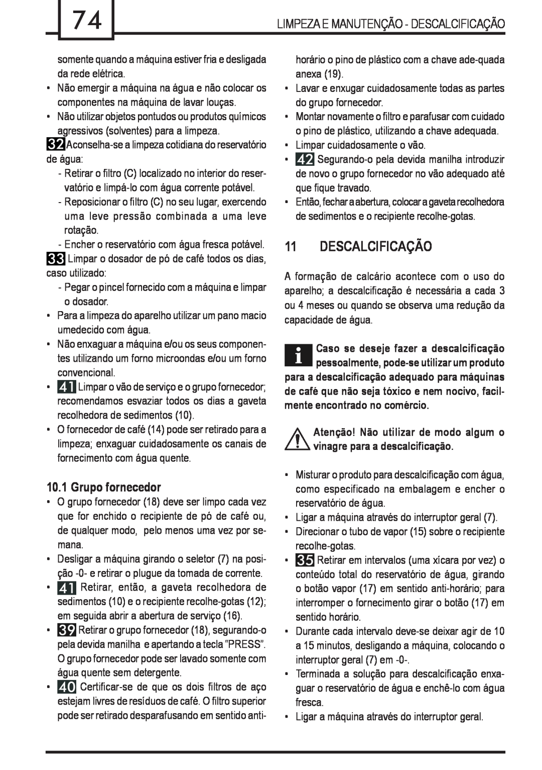 Gaggia Syncrony manual Descalcificação, Grupo fornecedor 