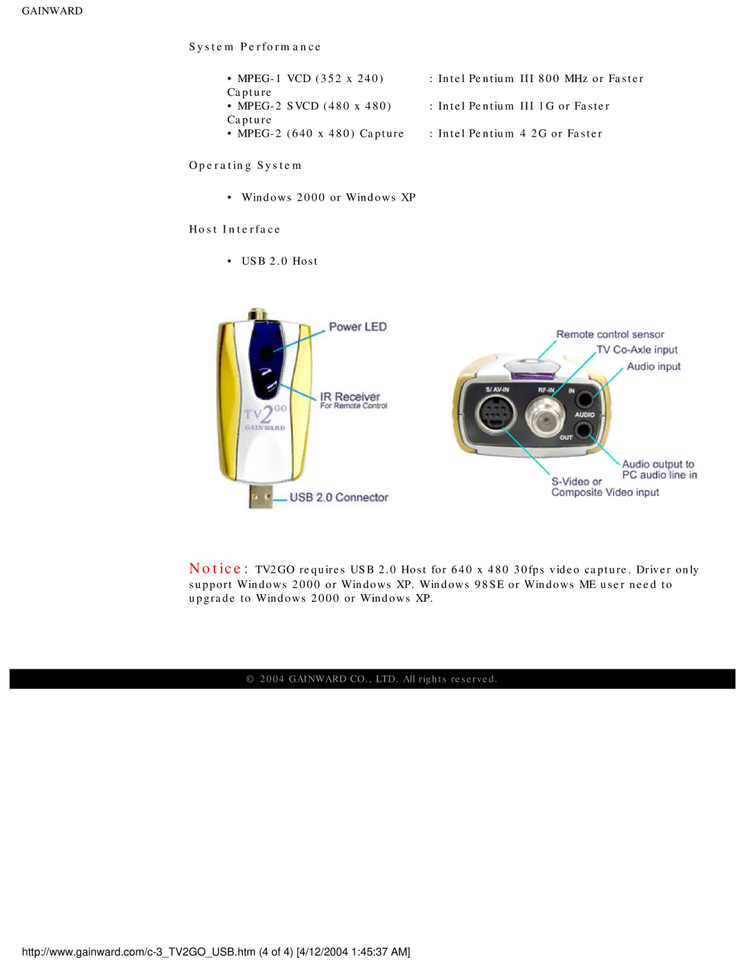 Gainward TV2GO specifications System Performance, Operating System, Host Interface 