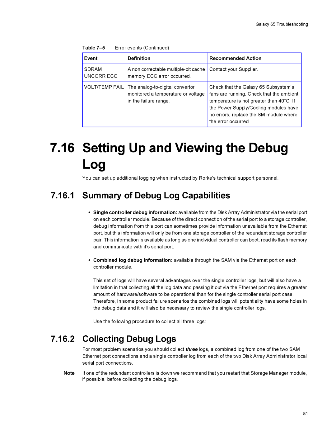 Galaxy Metal Gear 65 manual Setting Up and Viewing the Debug Log, Summary of Debug Log Capabilities, Collecting Debug Logs 