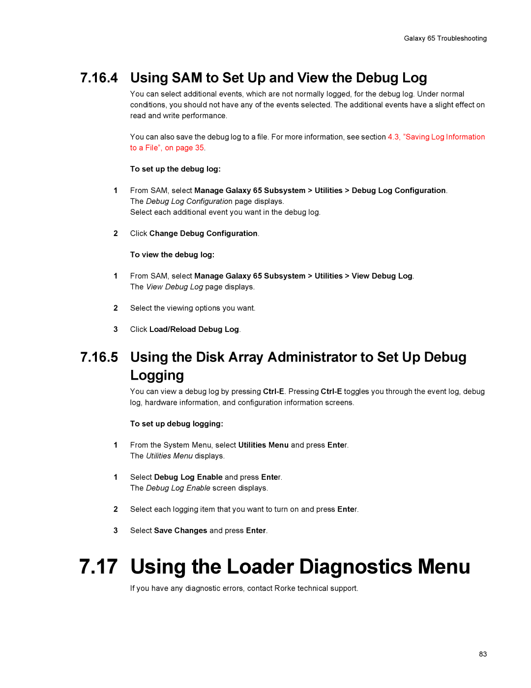 Galaxy Metal Gear 65 manual Using the Loader Diagnostics Menu, Using SAM to Set Up and View the Debug Log 