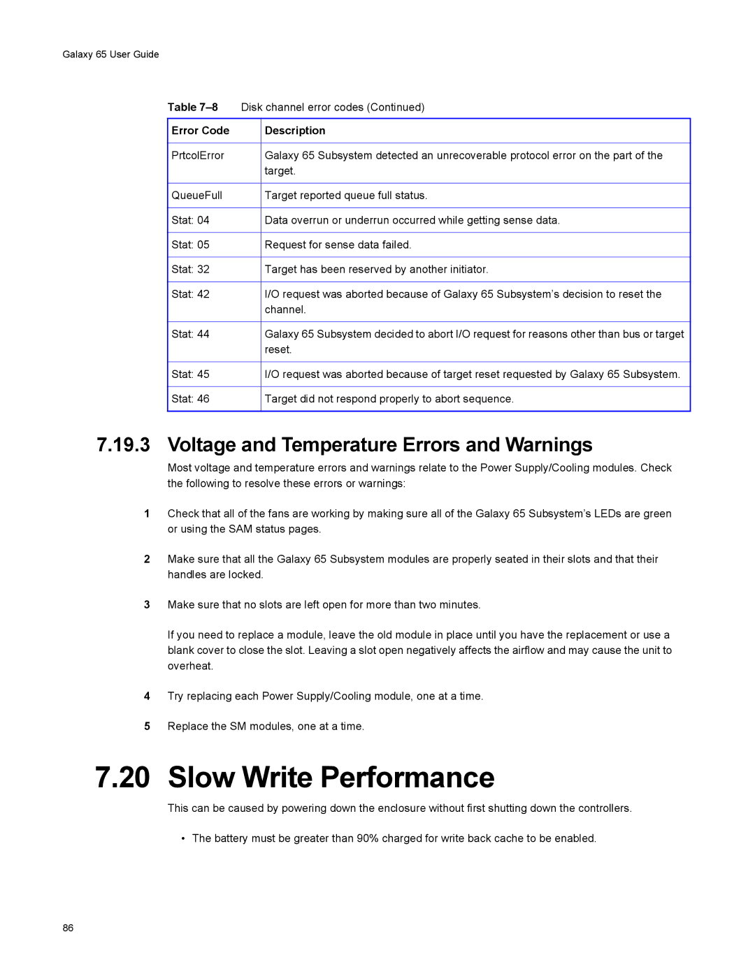 Galaxy Metal Gear 65 manual Slow Write Performance, Voltage and Temperature Errors and Warnings 